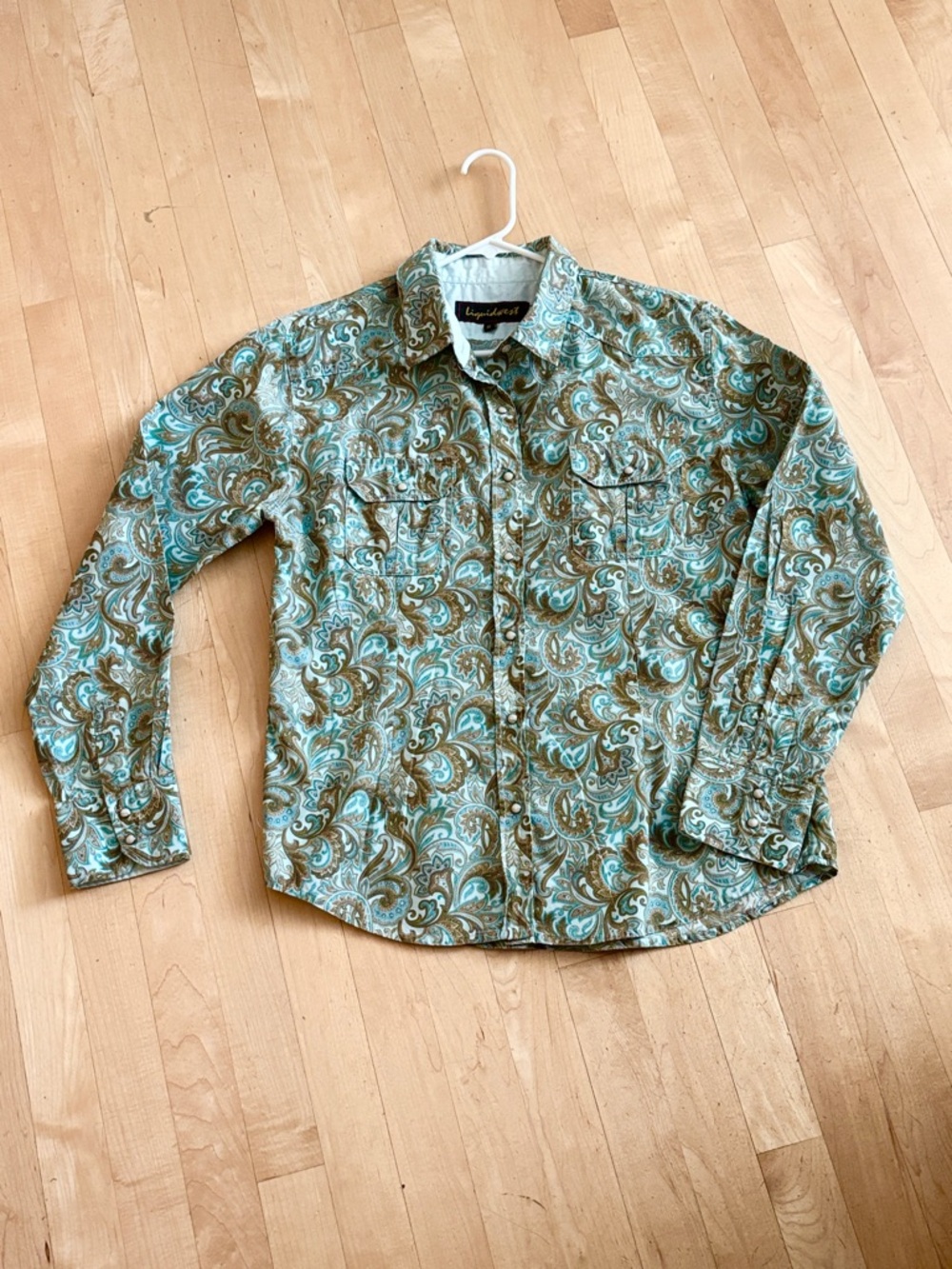 Vintage Liquidwest Paisley Button-Down Pearlized Snap Western Shirt Teal & Brown